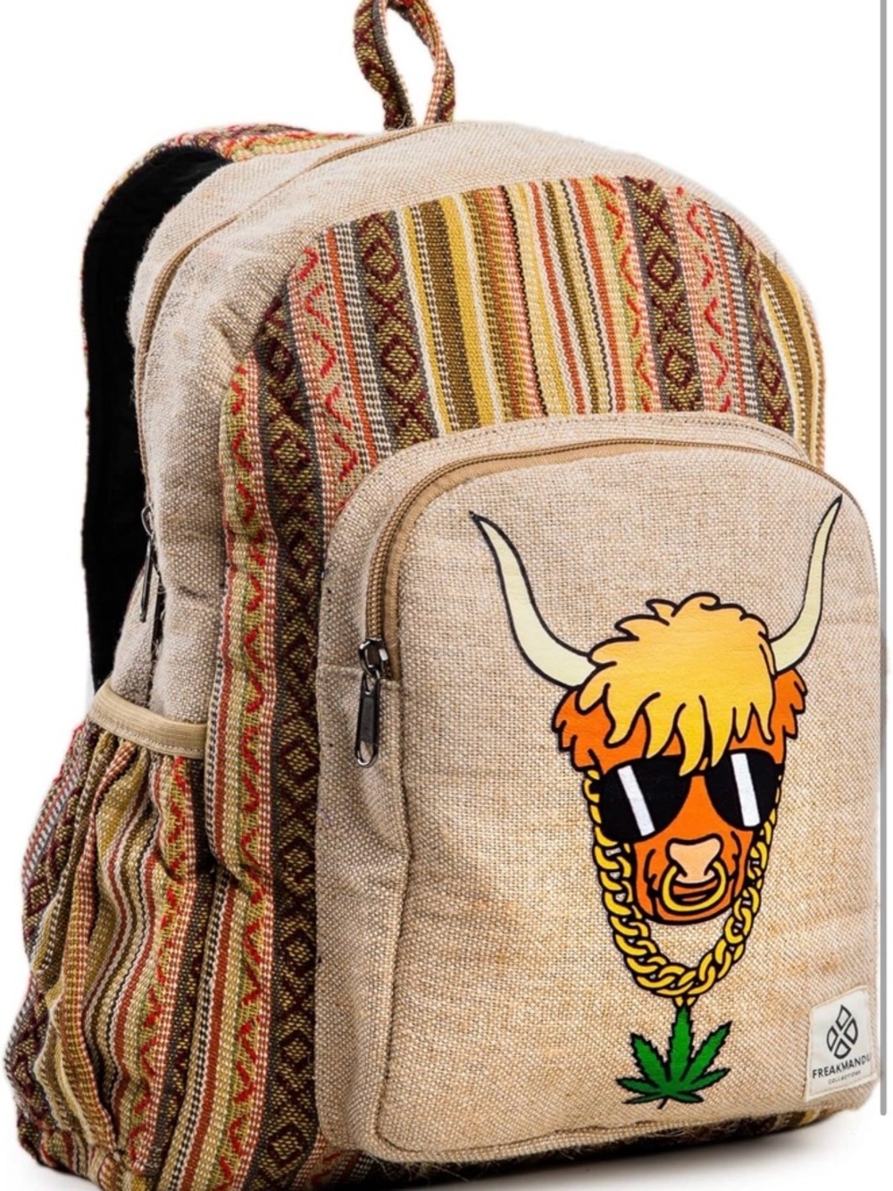 Freakmandu Hemp Patch Backpack with Fun Bull Graphic - Beige & Multicolor - Picture 4 of 5